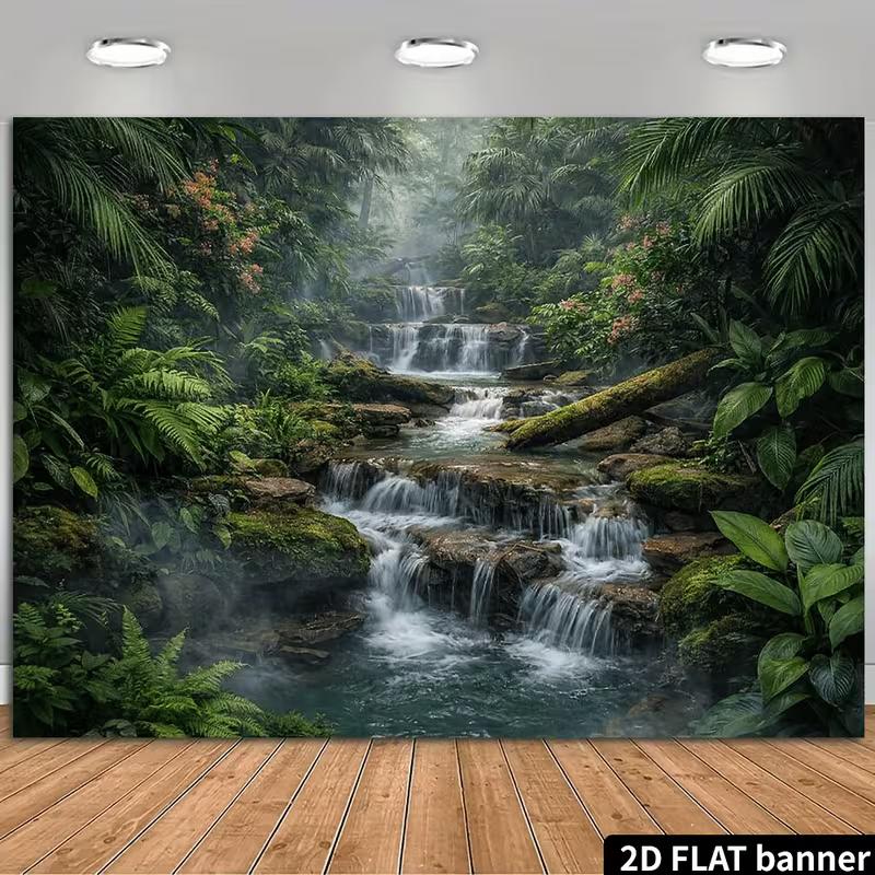 2D Tropical Jungle Banner with Palm Trees and Ferns Photo Booth Background Cloth