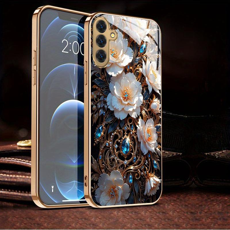 Vergoldete gehärtete Glas-Handyhülle, kompatibel Galaxy S26 S25 S24 S23 S22 Ultra Plus. Verfügt über ein trendiges weißes Blumenmuster.
