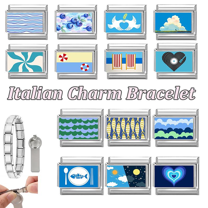 New Blue Sea Fishtail Dolphin Turtle Blueberry Music Tape Italian Charm Link Fit 9mm Stainless Steel Bracelet DIY Making Gift