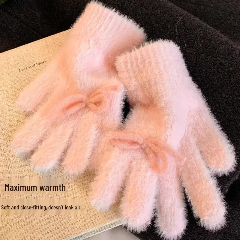 Korean Style Pink Bow Knit Fingerless Gloves for Women - Warm Fleece Lined, Fluffy Winter Fashion