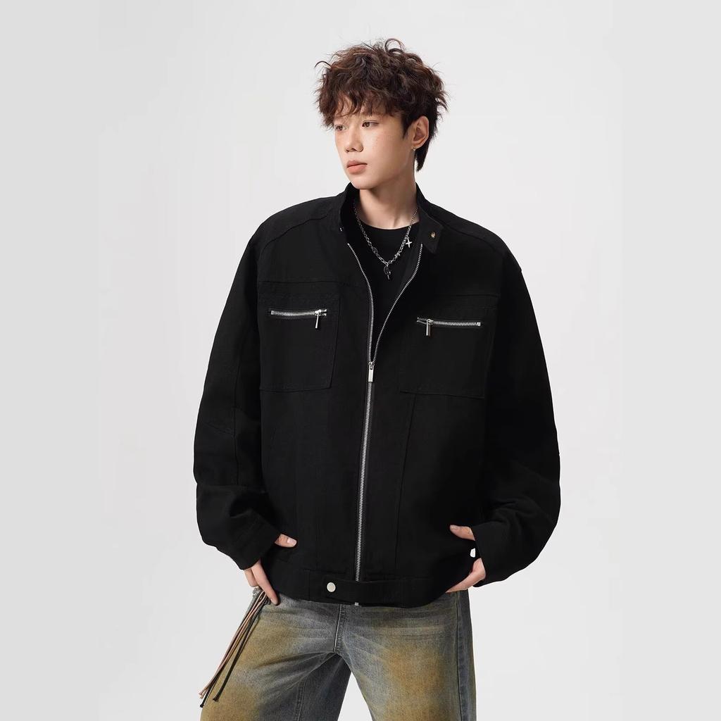 American washed canvas jacket men's spring and autumn trendy brand short stand-up collar tooling jacket pocket ruffian handsome couple top