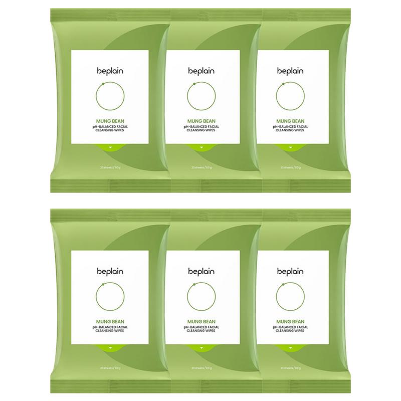 B.Plain Mung Bean Mild Acidic Cleansing Water Tissues, 20 Sheets Pack, 20 Wipes, 6 Pcs