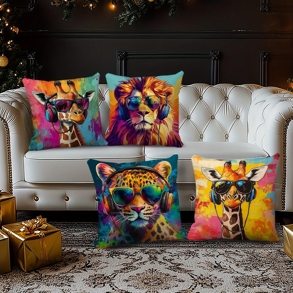 Adorable Animal-Print Pillows with Sunglasses and Headphones: Giraffe, Lion, and Leopard Designs! Sofa Cushion Cover
