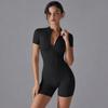 Womens Slim Fit Short Sleeve Zip Jumpsuit Pilates Gym Workout Quick Dry With Built-in Bra