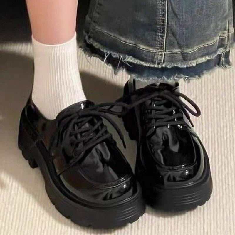 Women's Black Leather Lace-Up Thick-Soled Shoes – New 2024 Retro British Style for Spring & Autumn