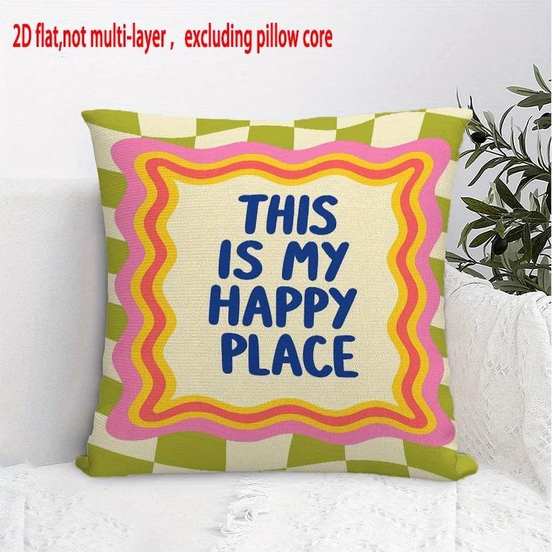 This Is My Happy Place Quote Peach Skin Pillowcase D Flat Printed Groovy Checkered Cushion Cover Home Sofa Living Room Decor