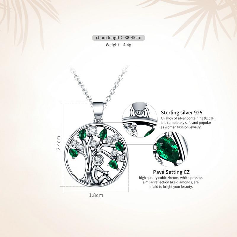 WOSTU Real 925 Sterling Silver Tree of Life Necklace Green Cubic Zirconia Round Pendant Family Tree Jewelry Gift for Her