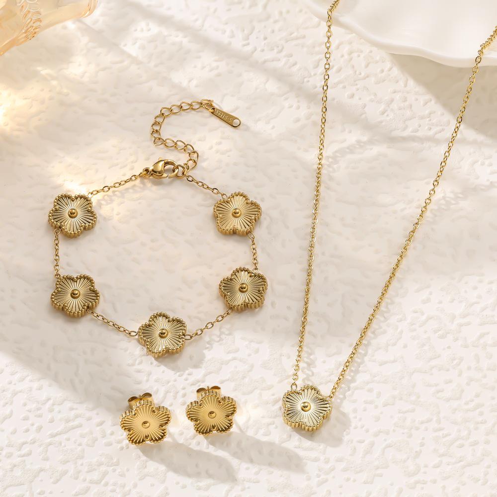 Stainless Steel Five-Leaf Flower Jewelry Set: Bracelet, Necklace, Earrings for Women