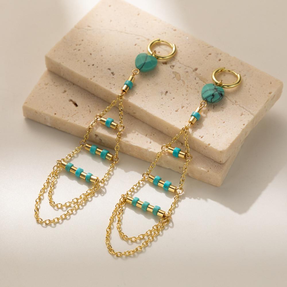 Gold Elegant Natural Stone Earrings With Trendy Fringe And Detail Chain
