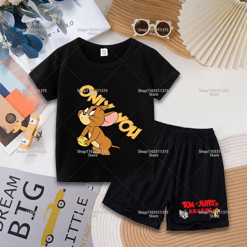 Tom and Jerry T-shirt Shorts Set Cute Cartoon Printed Casual Wear Fashion Summer Boys Girls Clothes Birthday Gift Tops Sportwear
