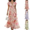 Women's V Neck Ruffle Sleeve Floral Print Waist Cinch Maxi Dress Lightweight Chiffon Elegant Vacation Dress