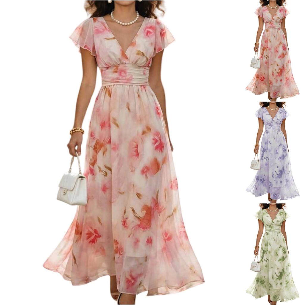 Women's V Neck Ruffle Sleeve Floral Print Waist Cinch Maxi Dress Lightweight Chiffon Elegant Vacation Dress