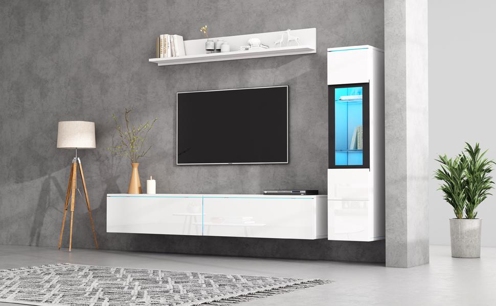 TV Wall Unit Set 3-Piece LED Lighting High Gloss White Living Room Furniture, Frontal 1 X TV Cabinet, 1 X Living Room Display Cabinet, 1 X Wall Shelf