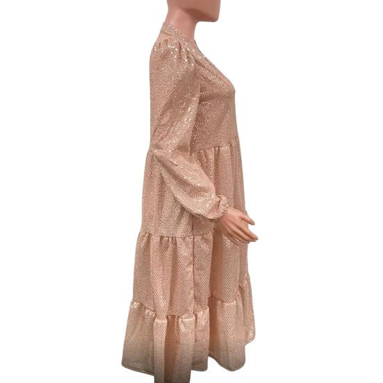 Abendkleid für Damen, V-Ausschnitt, glänzende Pailletten, A-Linie, lose Bing Swing, lange Ärmel, einfarbig, Patchwork-Saum, plissiert, Party, Abschlussball, Maxikleid