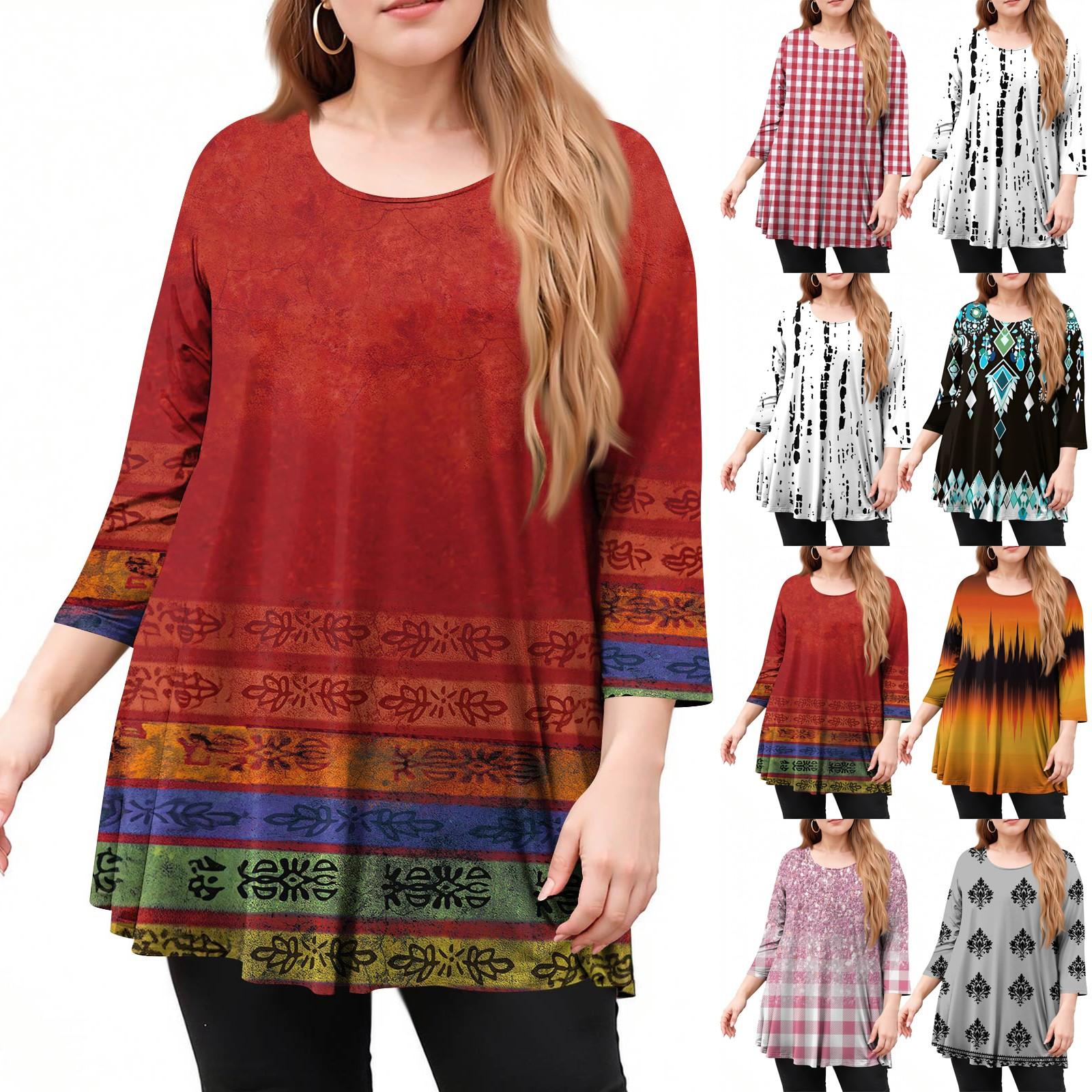 

Women s Fashion Casual Print Round Neck 3/4 Sleeve T-Shirt Top XXXL