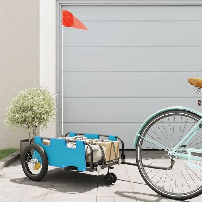 VidaXL Remorque de Vélo, Chariot de Transport avec Barre d'Attelage, Remorque de Bicyclette avec Drapeau pour Bagage, Bleu 94184