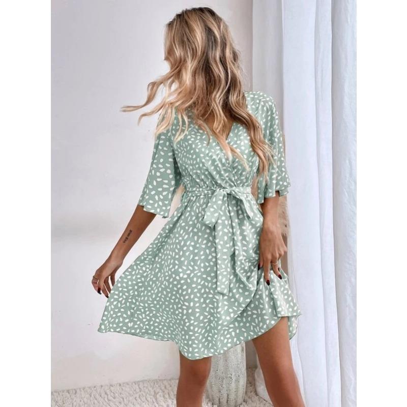 Fashion Polka Dot Printed Summer Dress Short Sleeved V-neck Lace-up Slim Waist Versatile Casual Loose Simple A-line Party Short Dress Elegant Female