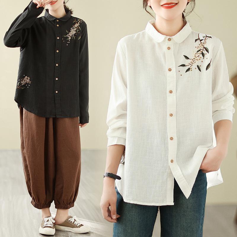 Southeast Asia Plus Size Retro Embroidered Cotton Linen Long Sleeve Shirt