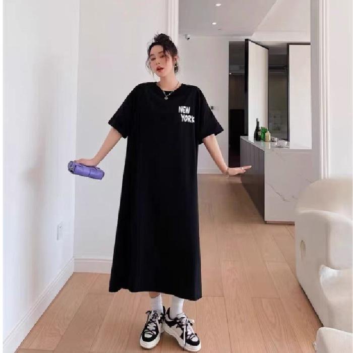 Fat mm large size dress women s summer loose and thin slightly fat girls medium and long lazy short-sleeved t-shirt long skirt M чёрный
