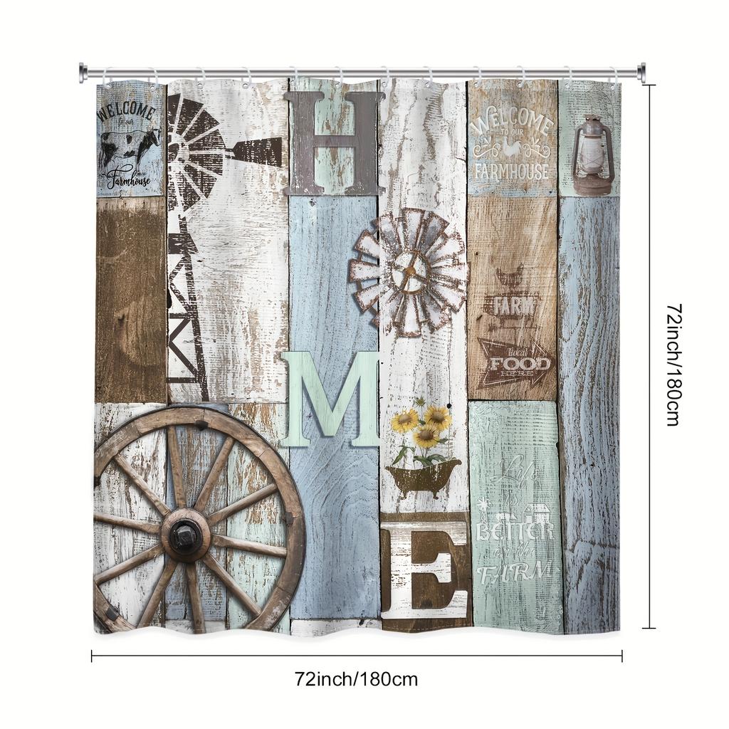 1pc Rustic Wooden Shower Curtain - Vintage Western Farmhouse, Barn Door & Wheel Design, Shabby Chic Sunflower, Bathroom Decor