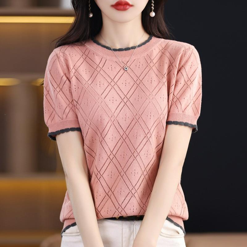 Sommer Damen Locker und Dünn, All-Match Farbkombination Strickbluse, Baumwolle Kurzarm T-Shirt, Damen