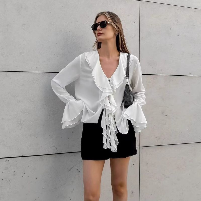European and American Frill Bell Sleeve V-neck Lace-up Shirts V-Neck Shirt with Flared Sleeves