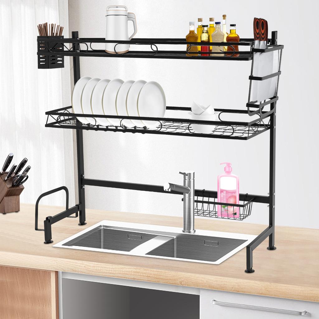 2-Tier Over Sink Dish Drying Rack with Cutlery Holder, Extra-Large 32 Inch Kitchen Counter Organizer, Draining Board for Dishes