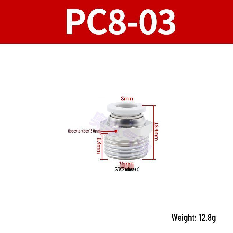 White Pneumatic Quick Connect Fittings, External Thread, PC4/6/8/10/12/14/16-M5/M6, Sizes 01-06