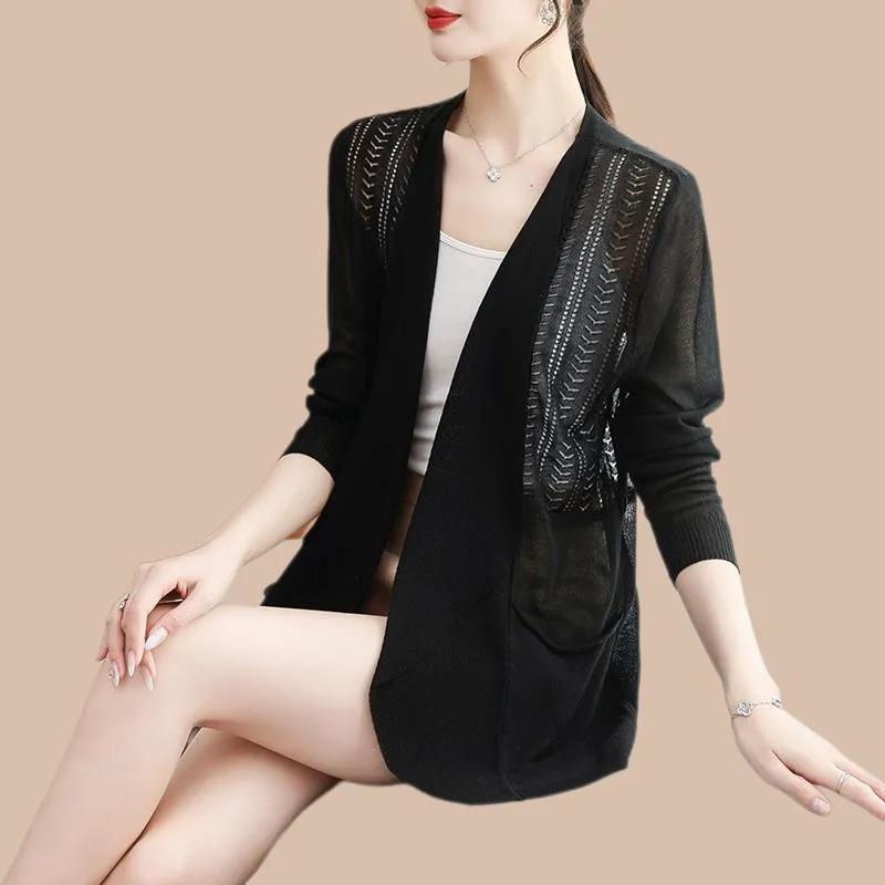 Elegant Women Long Knit Cardigan Open Front Loose Fit Casual Wear Spring Summer Fashion V Neck Solid Color with Pockets