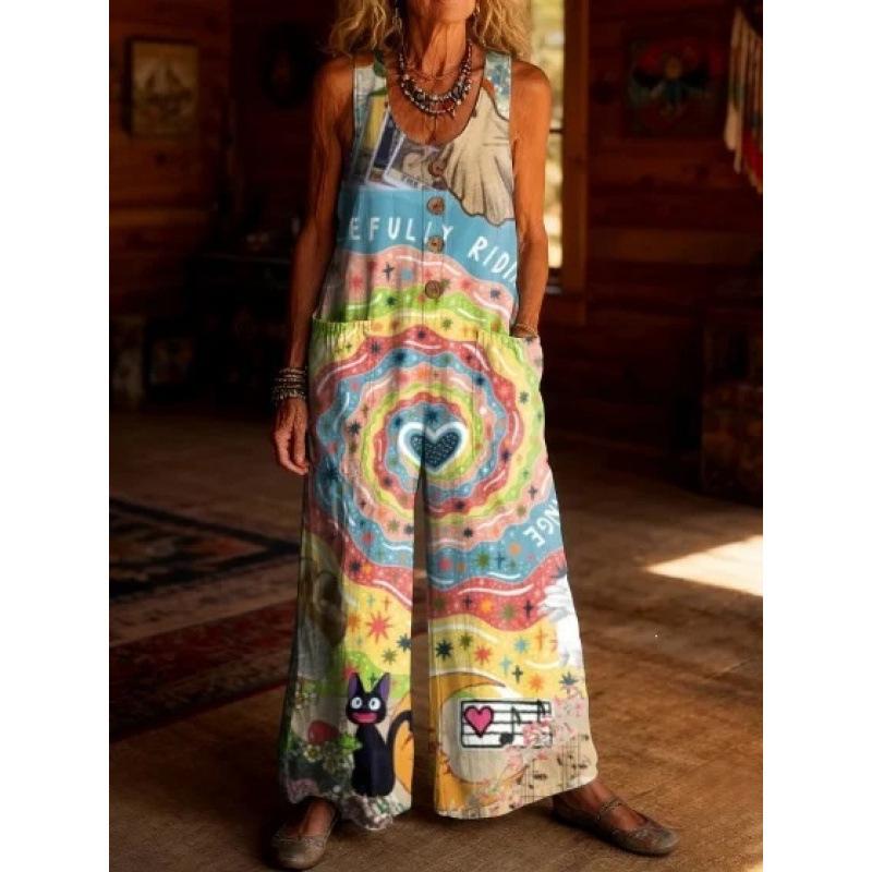 2026 Women's Vintage Summer Cotton and Linen Button Pocket Comfortable Sleeveless Casual One-piece Wide Leg Jumpsuit