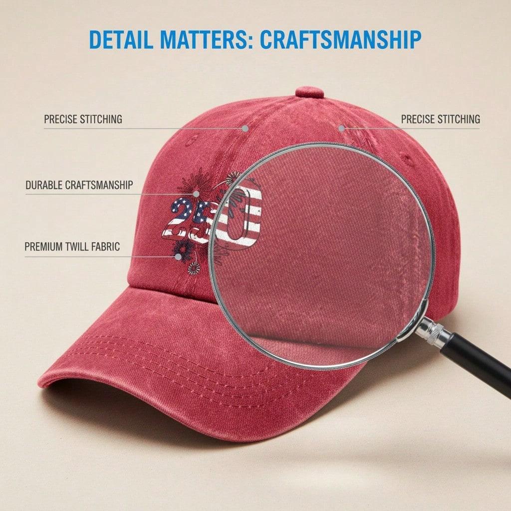 Vintage Washed Baseball Hat Unisex - USA Flag "250" Print Polyester Adjustable Sun Cap Breathable Patriotic Streetwear Outdoor Sports Cap For