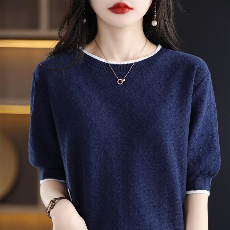 Cotton Thread Pullover Women Short Sleeved Round Neck T-shirt Color Blocked Diamond Shape Thin Knit Bottoming Shirt Simple Casual Commut Spring Autumn