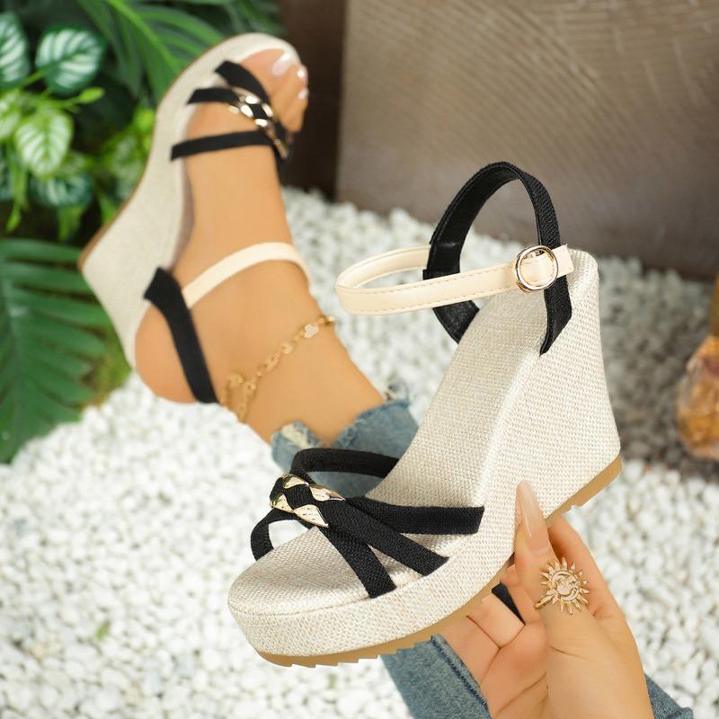 

Wedge heel large size women s sandals summer new fashion one-word buckle with platform muffin and high heel sandals 42