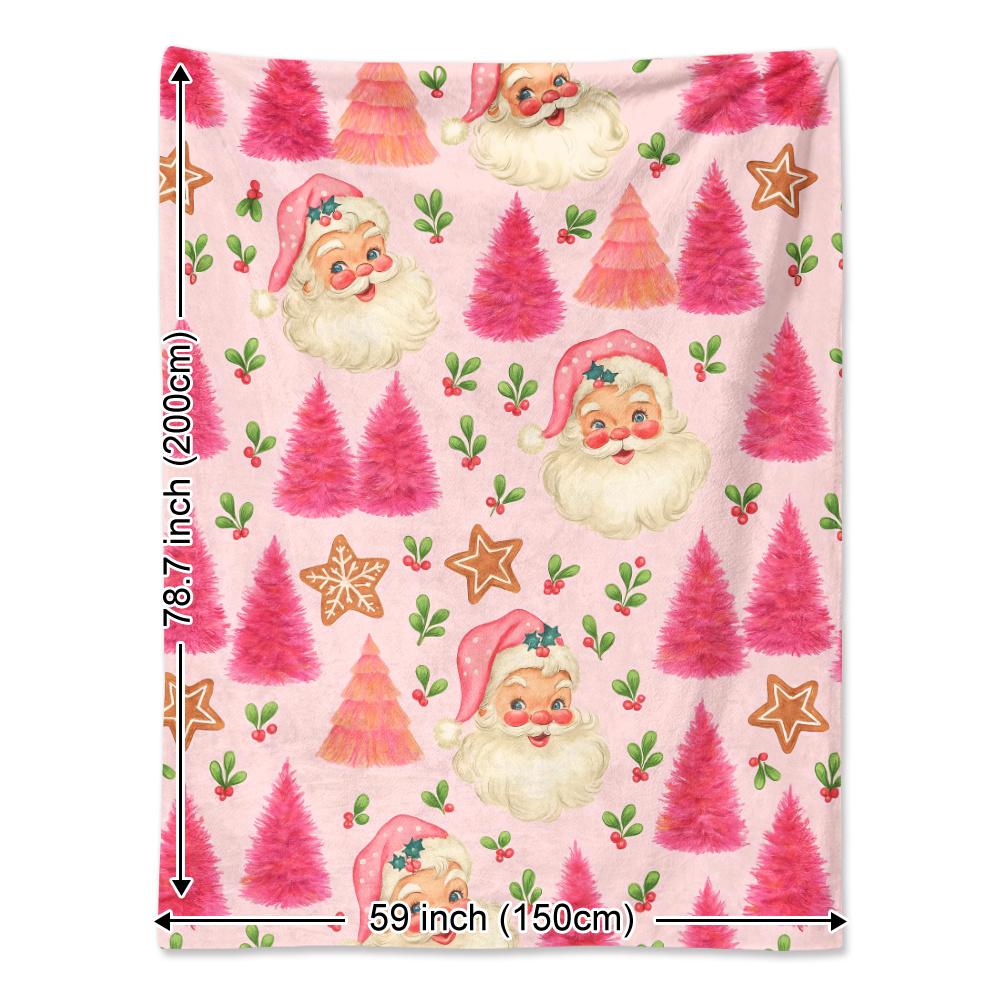 Retro Pink Christmas Tree Blanket Cute Santa Gingerbread Soft Cozy Warm Throw for Bed Sofa Travel Winter Gift