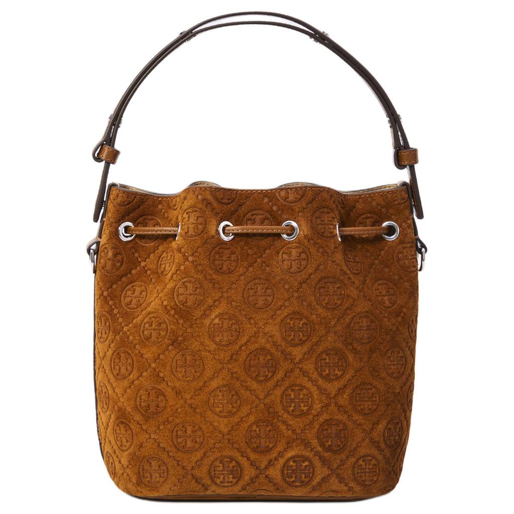 Tory Burch T Monogram Leather Top Handle Bucket Bag With Detachable Adjustable Shoulder Strap Drawstring Closure Logo Details 178210-200