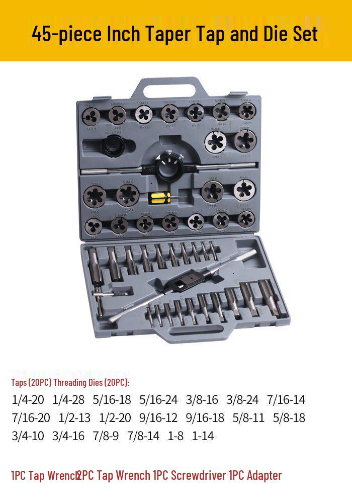High-Speed Steel Taps & Dies Set: 5, 6, 7, 9-Piece with Tap Wrench and Threading Drill Bits.