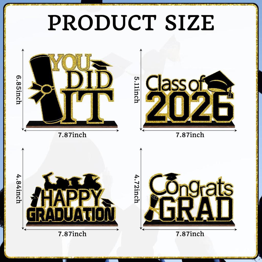2026 Graduation Desktop Decor: Set of 4 Wooden Ornaments for Party Scenes