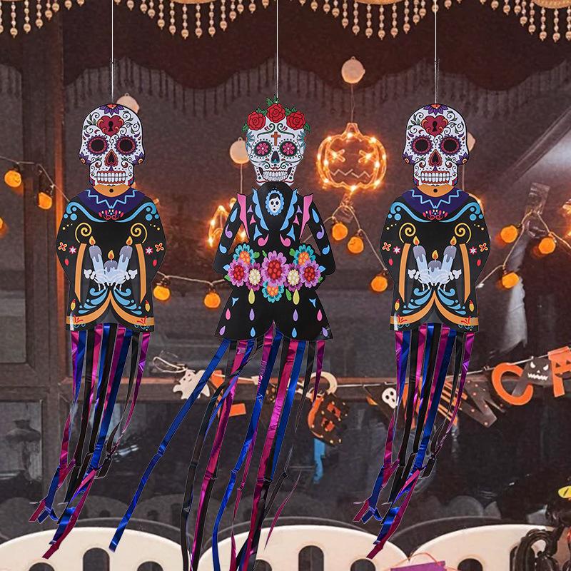 1.3m Mexico Day of the Dead Porch Sign Halloween Party Outdoor Decor Skeleton Ghost Couple Bride Groom Patio Door Hanging Flag