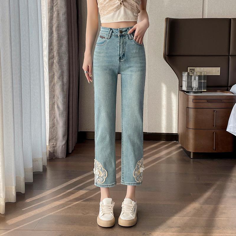 Chinese Style Chinese Jeans for Women In Summer New High-waisted Small Design Embroidered Nine-point Straight Pants