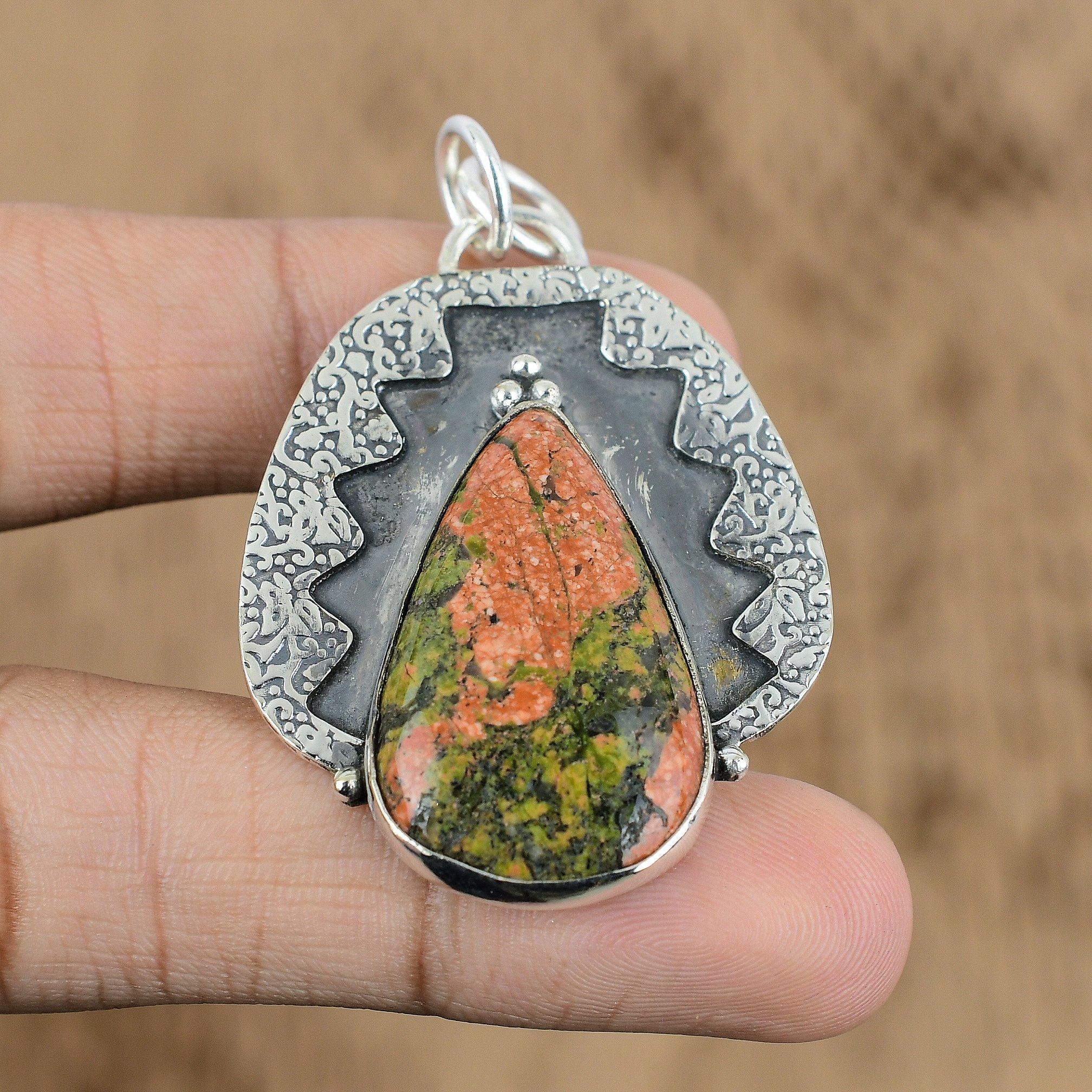 

Gift For Her 925 Sterling Silver Natural Unakite Gemstone Indian Jewelry Pendant