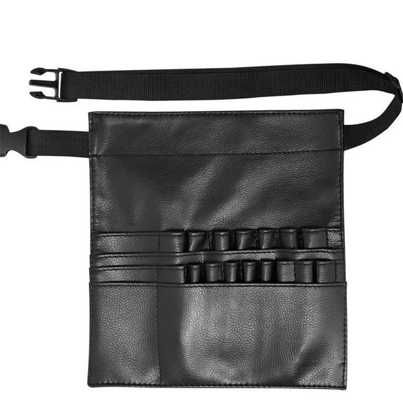 Multi-function Black PU Leather Cosmetic Bag Waist Bag Makeup Brush Bag With Belt For Professional Makeup Artist Large Capacity