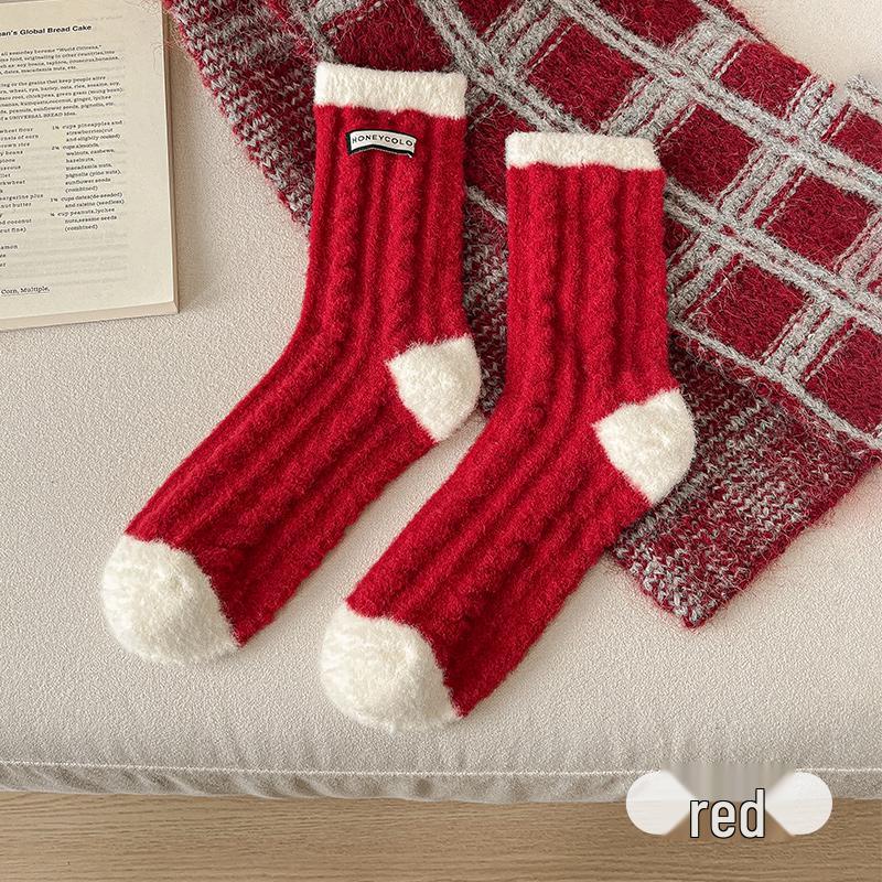Benmingnian Women's Thick Coral Fleece Socks - Cozy Red Christmas Winter Sleepwear
