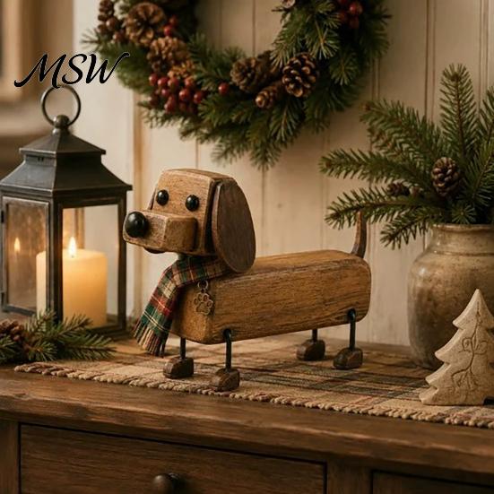 Retro Dog Statue Plaid Scarf Dachshund Figurine, with Paw Puppy Collectible Toy Print Charm, Handcrafted Mini Desktop Decoration
