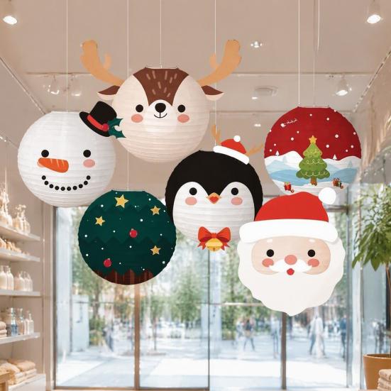 Winter Festival Party Supplies 6Pcs Christmas Cartoon Paper Lanterns, Santa Snowman Penguin Reindeer Decorative Lantern Sets Hanging Decor for