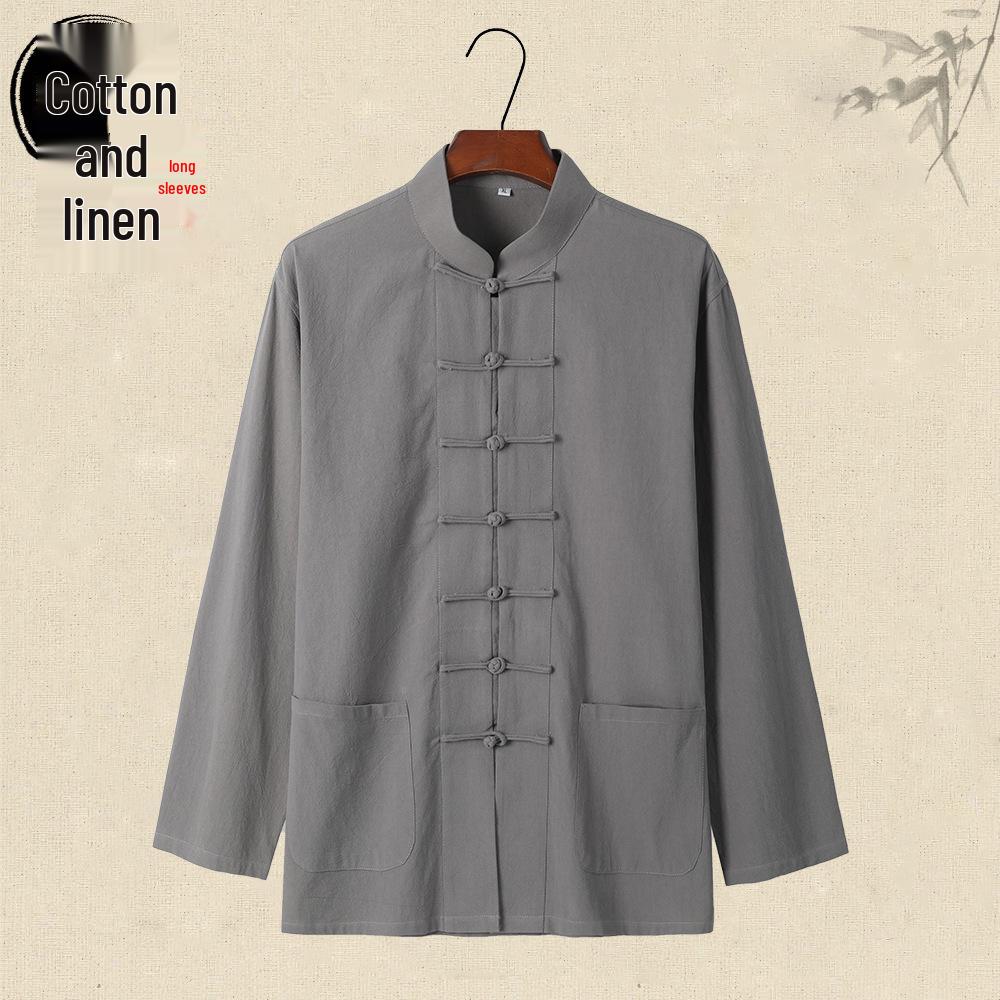 Men's Retro Chinese Style Long Sleeve Linen Shirt with Stand Collar