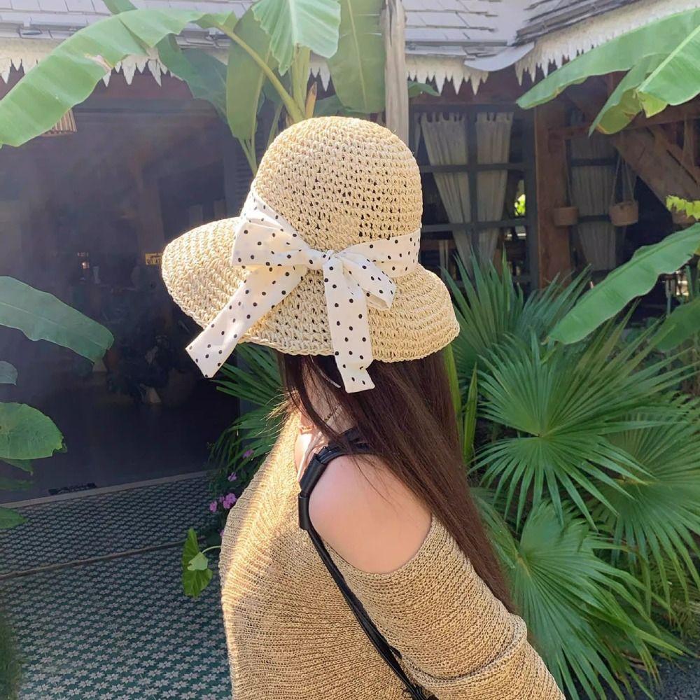 Wide Brim Straw Hat Polka Dot Sunshade Hat Fashion Sunscreen Hat  Seaside Beach