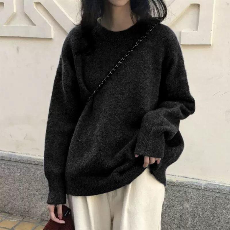 Crew neck solid color sweater women's autumn and winter new loose pullover knitted sweater women