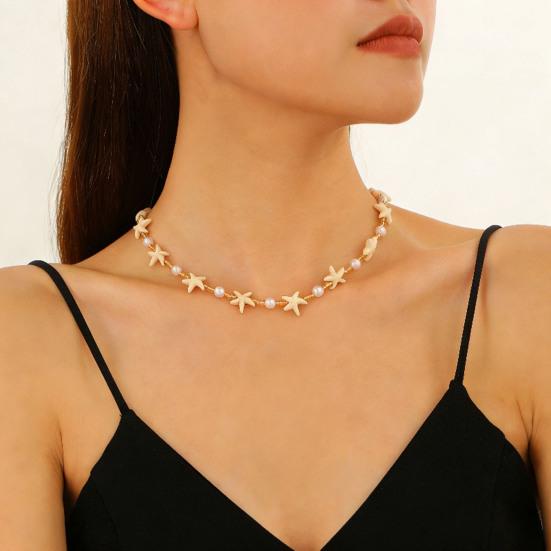 Colar Estrela-do-Mar Bohemia Pérola Falsa Leve Hipoalergênico Feminino Pingente de Concha Corrente Dourada Colar Joia de Pescoço Praia Oceânica