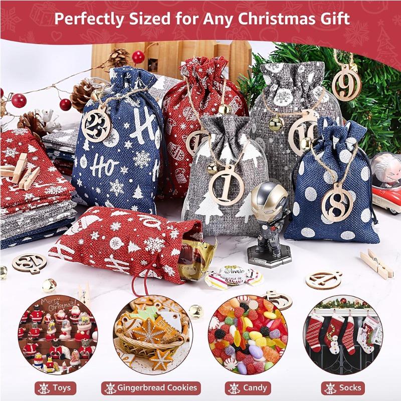 24pcs/set Christmas Gift Bag Set Linen Drawstring Bag Christmas Arrival Calendar Countdown Christmas Candy Bag Cloth Festive