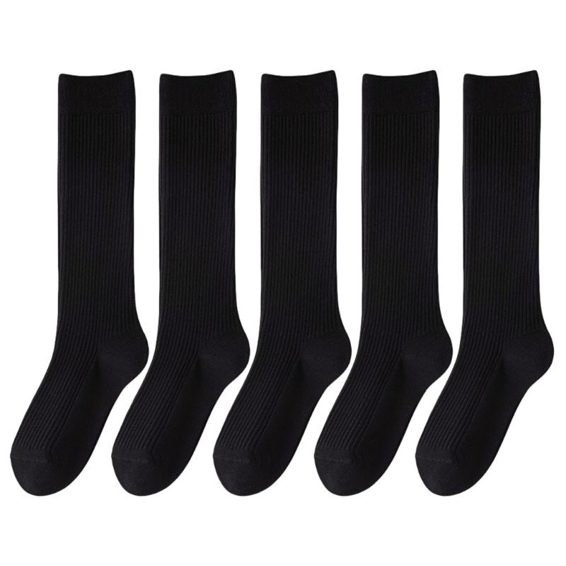 5 Pairs Women Rib Knitted Cotton Over The Calf Socks with Thick Double Stitching Classical Solid Color Knee Length Socks
